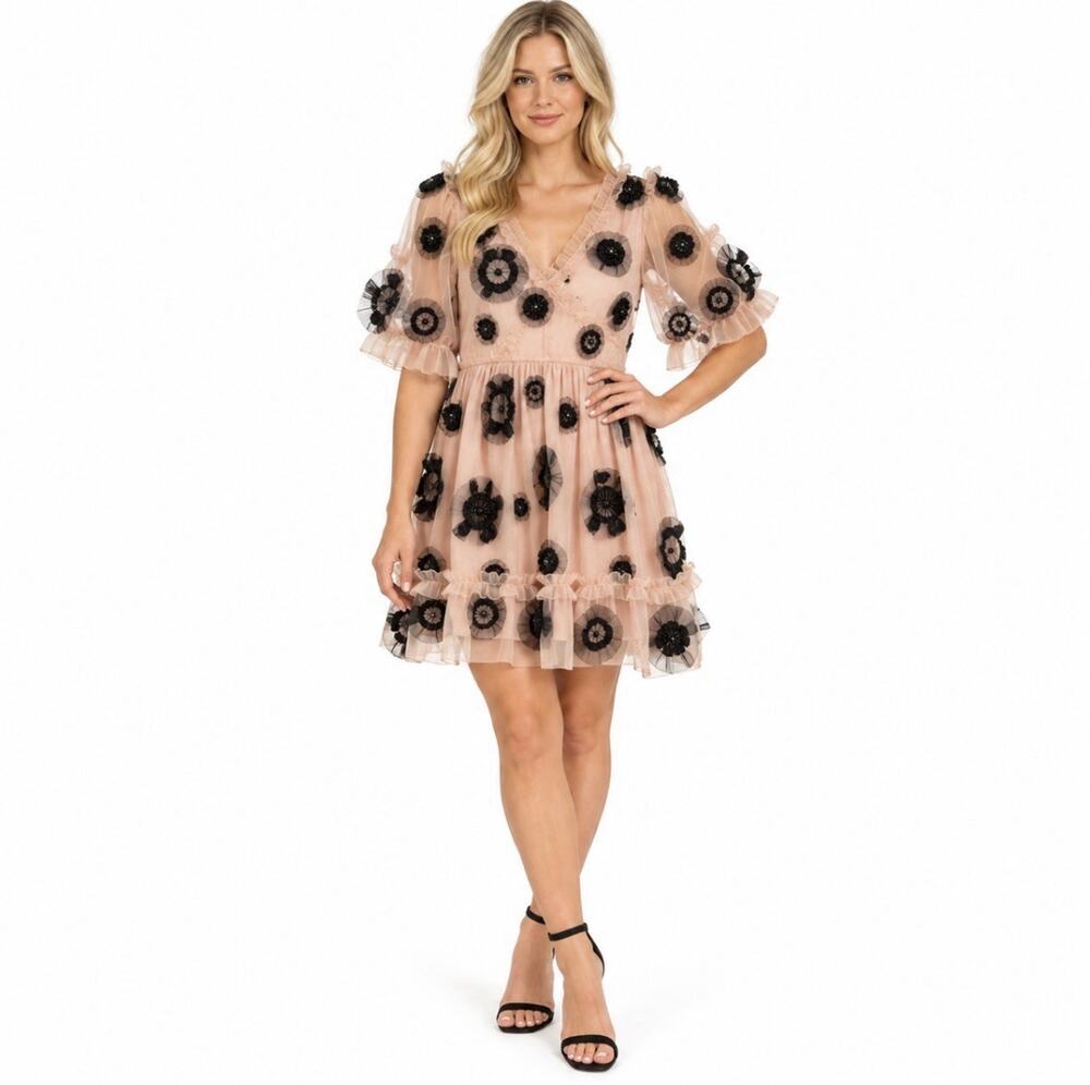 French Connection 3D Floral Applique Baby Doll Chiffon Mini Dress Sz 4 Fairycore